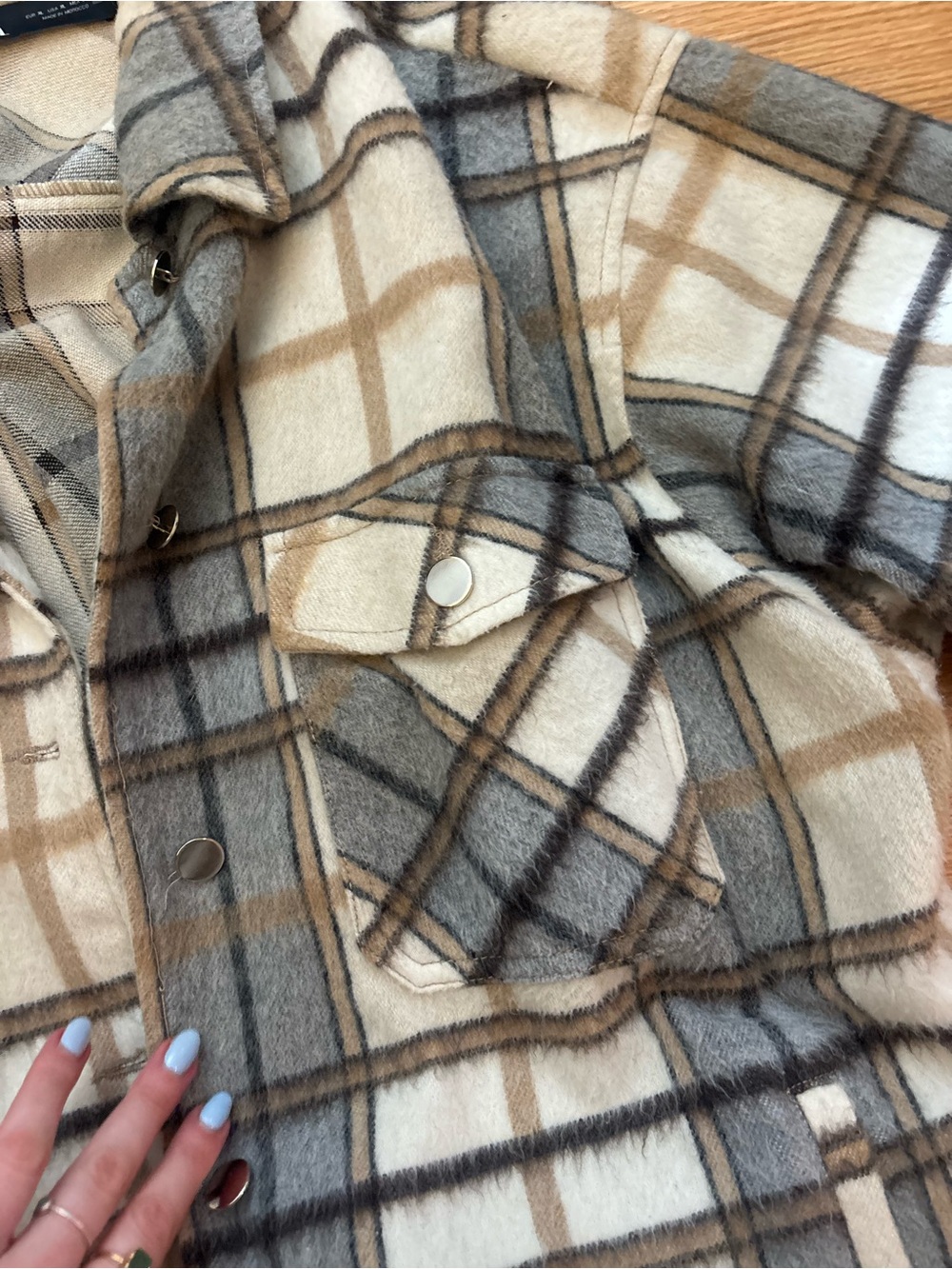 Zara Plaid Button-Front Shacket in Cream, Tan & Gray - Picture 4 of 5